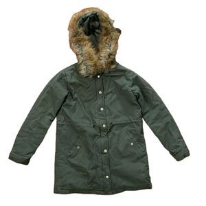Forever 21 Green Faux Fur Parka Coat Jacket Girls Size 13/14 Full Zip Lined